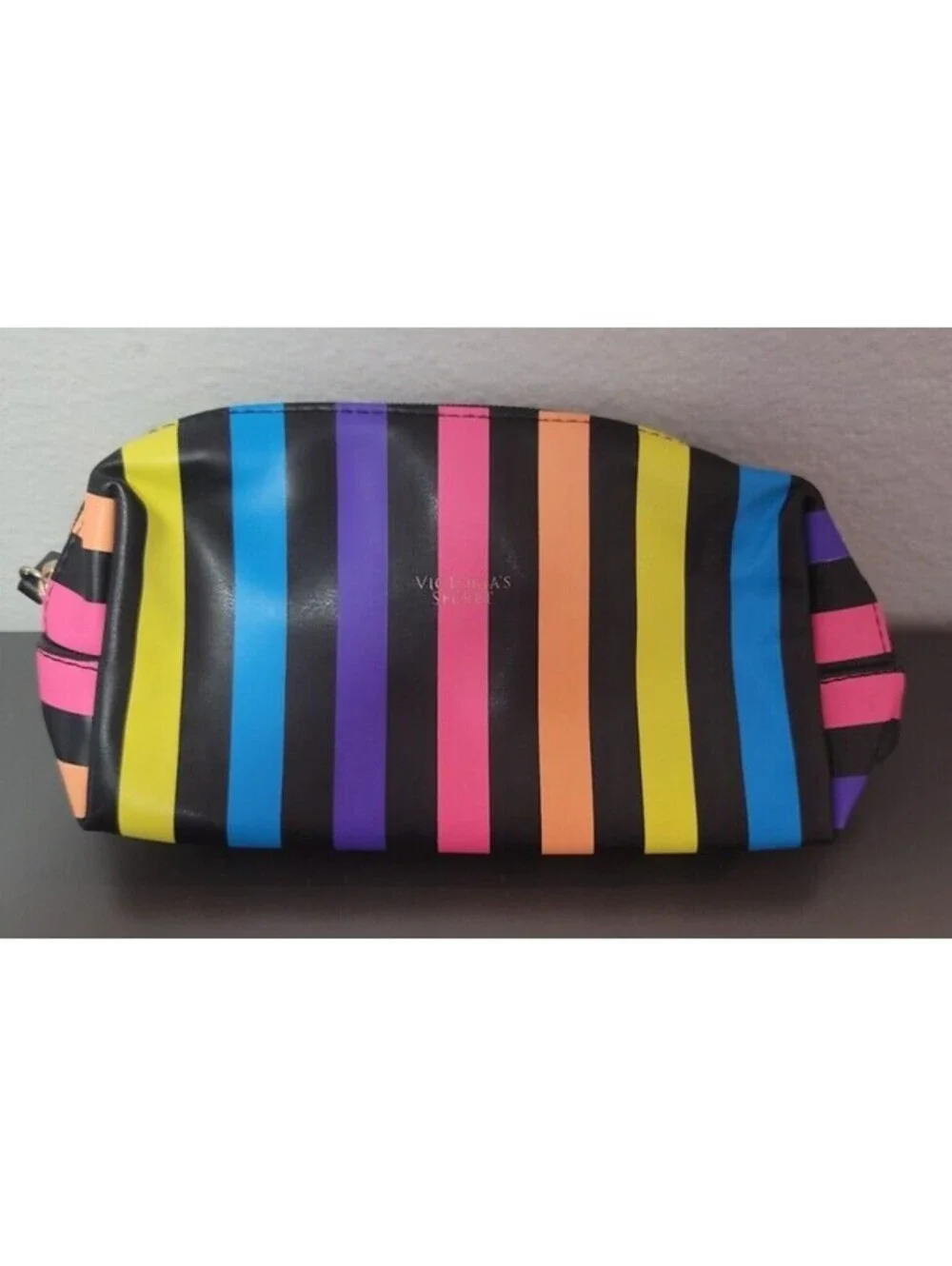 VICTORIAS SECRET COSMETIC MAKEUP ZIPPERED POUCH CASE LOGO STRIPED MULTICOLOR